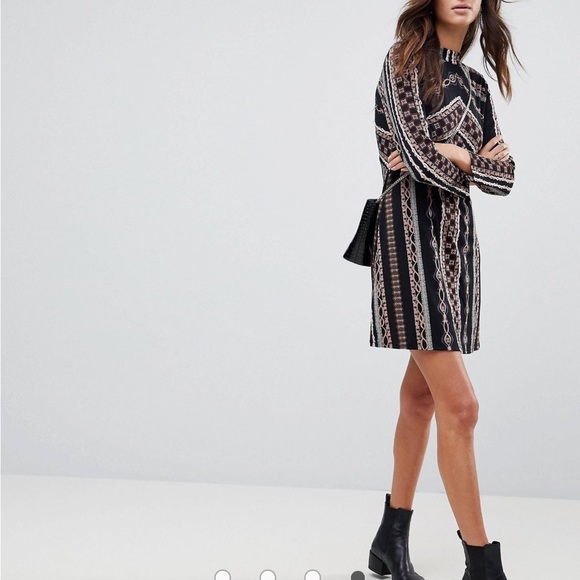 Free People Dresses & Skirts - Free People Stella Graphic Long Sleeve Mini Dress M Zip Back Geometric MockNeck